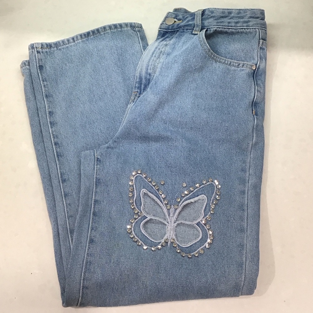 Cider Light Blue Straight Leg Jeans with Butterfly Detail